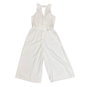Adelyn Rae Wide Leg White Crop Jumpsuit Sz XS Culotte Belted Sleeveless Surplice
